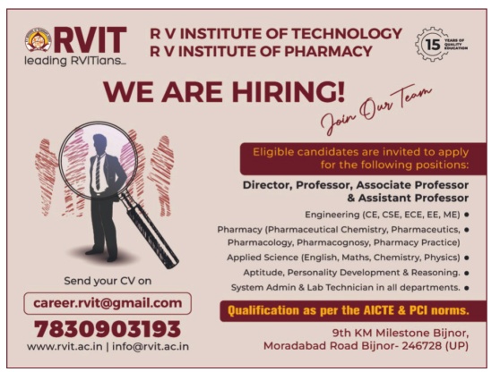 RVIT Bijnor Director, Professor, Associate Professor Recruitmen 2024